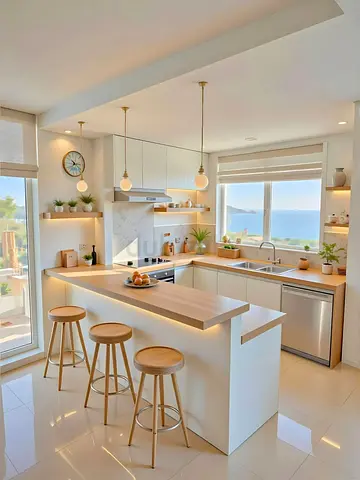 Modern White Kitchen Island with 3 Bar Stools — Lights  Sea View