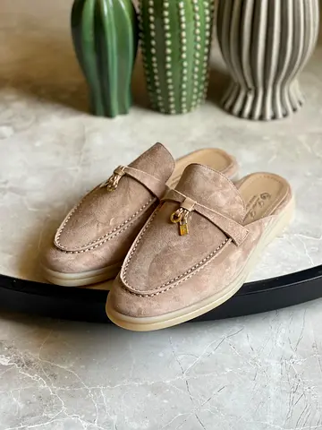 Loro piana Beige Suede Backless Loafers / Mules with Gold Accent - Size (Please Ask)