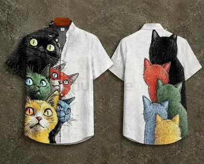 Lightweight Short-Sleeve Button-Up Shirt with Colorful Cat Print