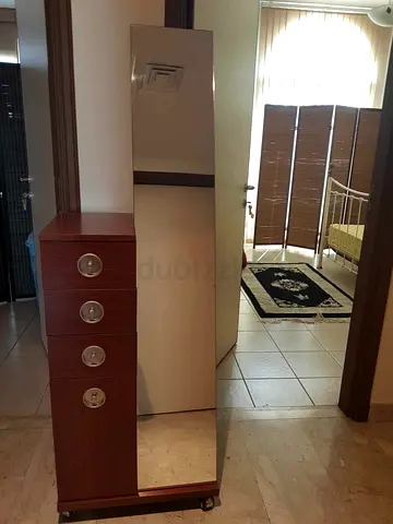 Wooden Full-Length Mirror Wardrobe with 4 Drawers on Wheels