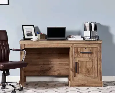 Solid Wood-Effect Computer Desk with Drawer and Cupboard - Rustic Finish