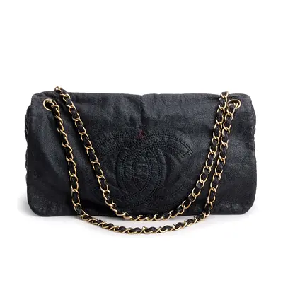 Authentic Chanel Black Vinyl Rock and Chain Medium Flap