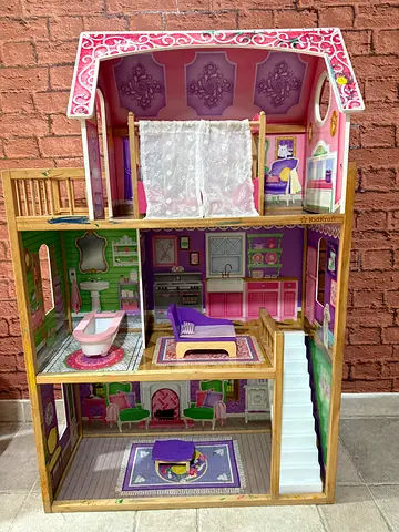 Wooden 3-Storey Dollhouse with Furniture - Good Condition
