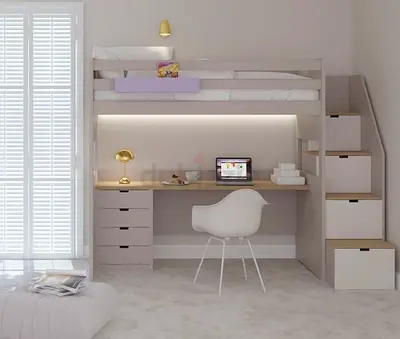 Loft Bed with Built-in Desk and Stair Storage - White/Beige