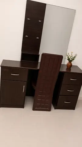 Dark Wood Table Mirror with Drawers and Matching Chair