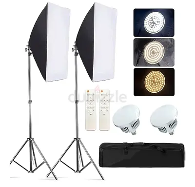 Pair of Softbox Continuous LED Studio Lights with Stands, Remotes and Carry Bag—-UNPACKED—-
