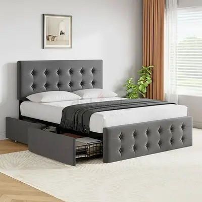 Grey Tufted Storage Double Bed with Headboard and Footboard