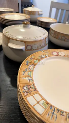 54 piece ceramic dinnerware set old collection beige patterned plates, bowls, serving dishes