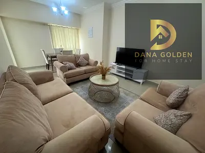 Two bedrooms, a living room, a maid's room, three bathrooms, and two balconies for rent in Al Taawun.