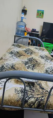 Single Metal Bed Frame with Mattress and Tree-Print Cover