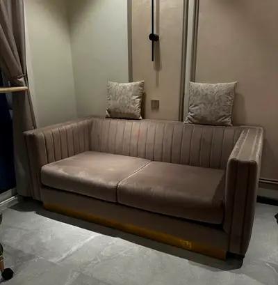 Beige Velvet 3-Seater Sofa with Gold Base