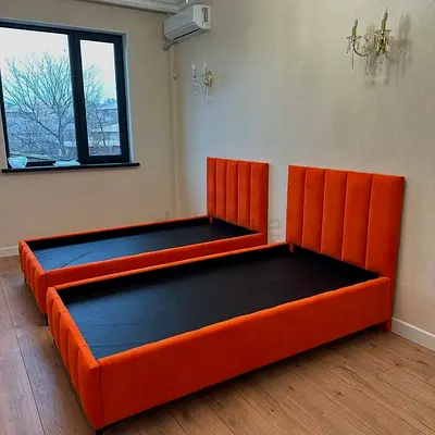 Pair of Orange Upholstered Single Beds with Headboards