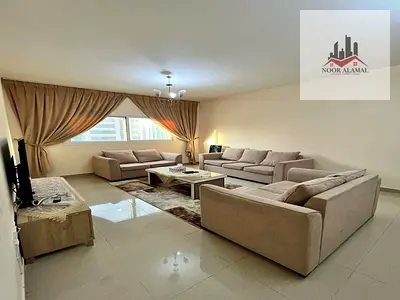 Sharjah, Al Taawun area: Two bedrooms, living room, kitchen, two bathrooms, and a balcony. Super deluxe furnishings. Behind D2D. Price includes intern