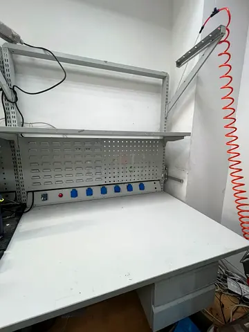 Used Industrial Workbench with Shelves and Multiple Power Outlets