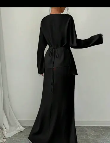Elegant Black Satin Two-Piece Dress Set (Top + Skirt) - Size Medium BRAND NEW