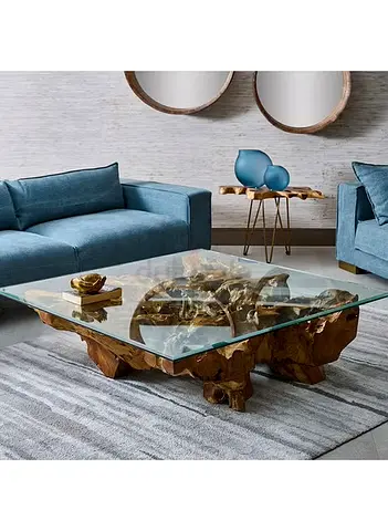 Solid Teak Root Coffee Table with Glass Top