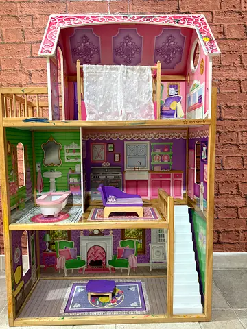 Wooden 3-Storey Dollhouse with Furniture - Good Condition