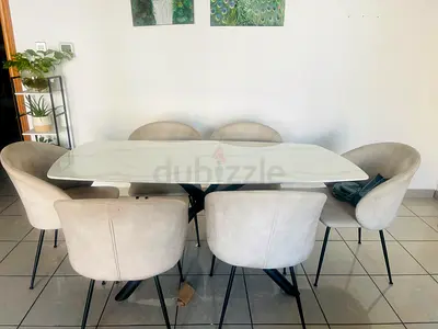 Modern 6-Seater Marble-Top Dining Table with Upholstered Chairs