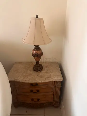 Vintage Marble Top Bedside Table with Decorative Lamp