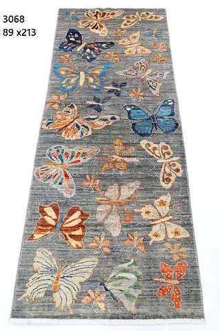 89 x 213 cm handwoven Afghan wool hallway Runner Rug  with Colorful Butterfly Motif - 89 x 213 cm