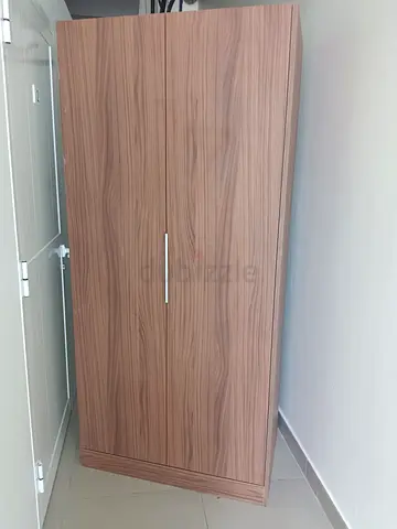 Two-door Wooden Wardrobe with Shelves - Light Walnut Finish