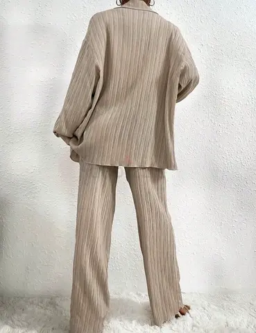 Beige Ribbed Two-Piece Lounge Set — Long Sleeve Top  Wide Leg Pants size MEDIUM - BRAND NEW