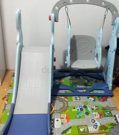 Kids indoor slide and swing set - compact playset, light blue