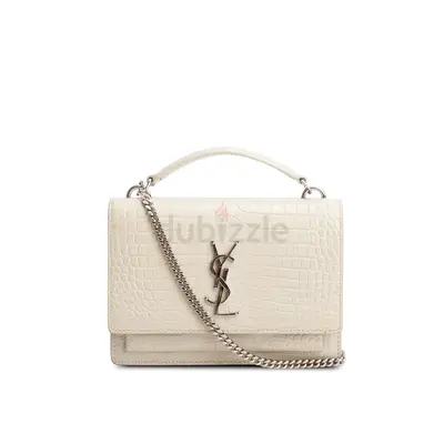 Authentic Saint Laurent Cream Crocodile Embossed Sunset Chain Wallet