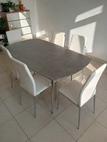 Modern 6-Seat Dining Table with White Chairs - Good Condition