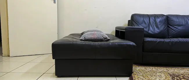 Black Leather Sofa, L Shaped - Good Condition