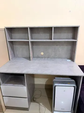 Compact grey study desk with hutch and drawers - good condition