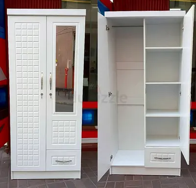 White 2-Door Wardrobe with Mirror and Good Condition