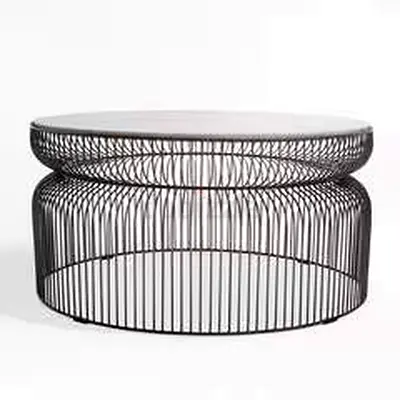 Round Black Wireframe Coffee Table with Glass Top