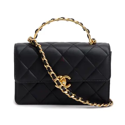 Authentic Chanel Black Lambskin Quilted Chain Logo Top Handle Flap Bag