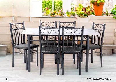 6-Seater Metal Dining Table with Marble-Top Look (L140 x W80 x H75cm)