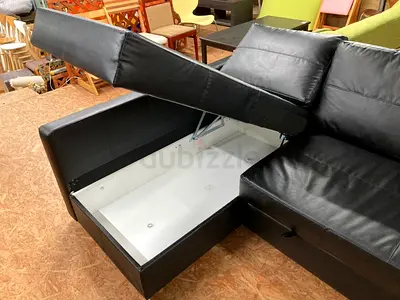 Black L-shaped Faux Leather Storage Sofa (Corner with Under-seat Storage)