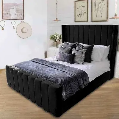 Black Velvet Upholstered Bed Frame with High Headboard (Double/Queen)