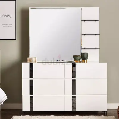 White Modern 6-Drawer Dresser with Mirror