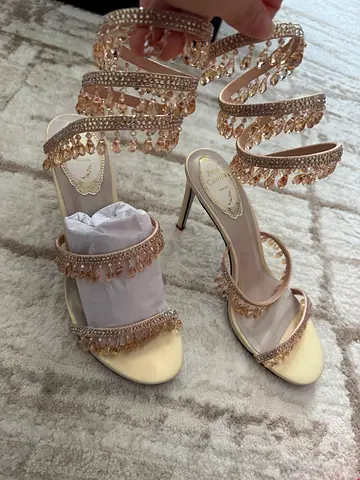 Pair of beige embellished womens high-heel mules (like-new)