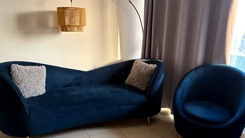 Beautiful n Elegant Blue velvet 6 seater -3 pcs sofa set: curved sofa + with glass coffee table