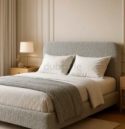 Upholstered Double Bed with Padded Headboard - Light Grey