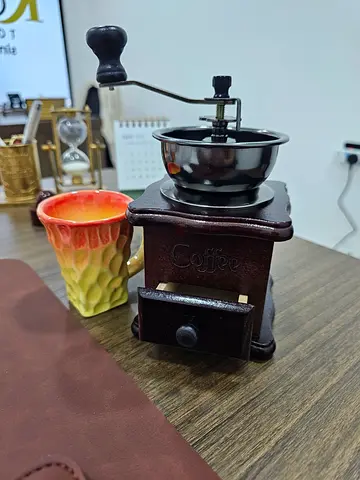 Vintage Manual Coffee Grinder - Wooden Hand Crank Mill, with cup