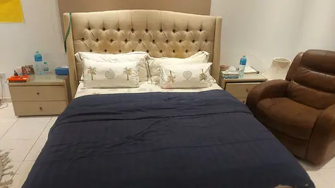 King Size Upholstered Bed with Tufted Headboard and Two Nightstands