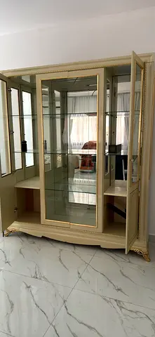 Cream Glass Display Cabinet with Gold Accents - 4-Door China Cabinet