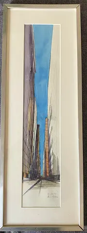 Framed Narrow Urban Street Watercolor Painting