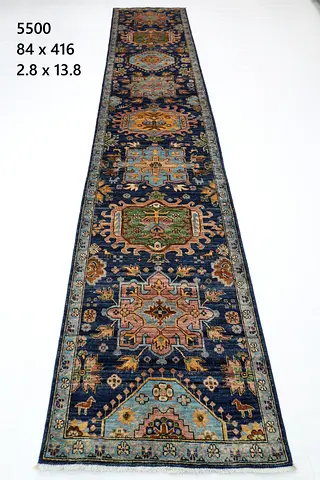 Afghan wool Handwoven Long Runner Rug - Navy with Multicolor Medallions (84 x 416 cm)