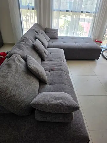 Large Grey L-Shaped Fabric Sofa with Chaise - Good Condition