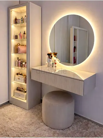 Wall-Mounted Vanity Desk with LED Round Mirror and Tall Display Cabinet