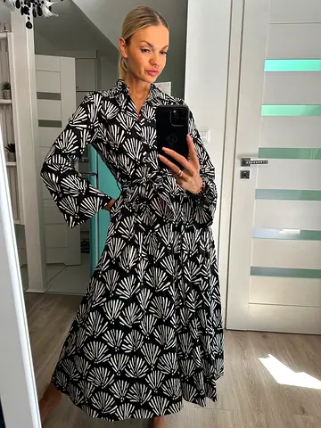 Zara Cotton Printed Dress With Belt in Black  White