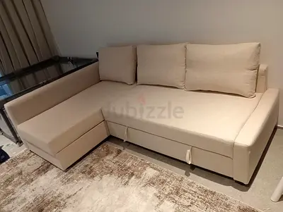 Beige L-shaped Sofa-bed with Chaise - Good Condition
